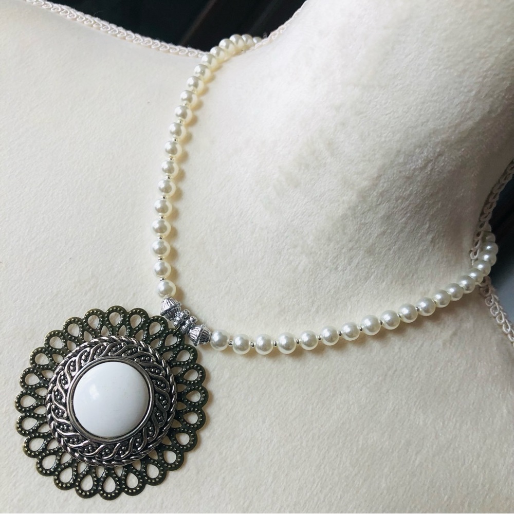 Handcrafted repurpose filigree medallion pendant Czech glass Pearl necklace
